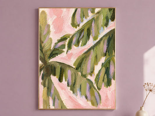 Preppy palm leaf wall art with pink botanical brushstrokes in a mauve living room