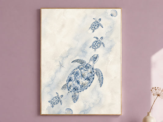 Sea Turtle Family Wall Art, Watercolor Mother Baby Turtles - Digital Download