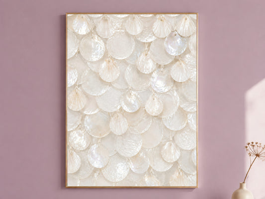 Framed white capiz shell wall art with ivory pearl texture, styled on a dusty mauve wall