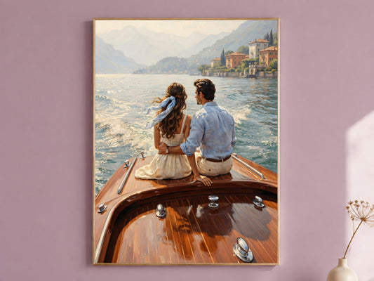Lake Como Wall Art, Couple on Vintage Boat Painting, Italian Riviera Print, La Dolce Vita Decor, Anniversary Gift, Digital Download