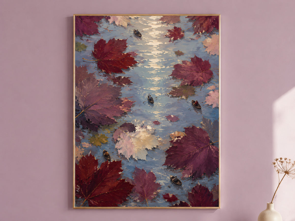 Aerial rowboat wall art print in gold frame on mauve wall, surreal maple leaves painting