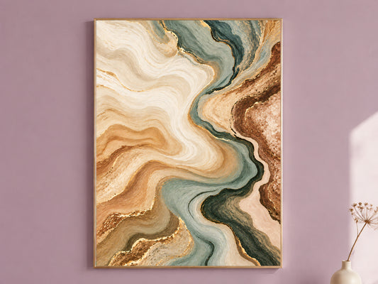 Sage Green and Terracotta Abstract Wall Art, Earth Tone Marble Swirl Print with Gold Veins, Printable Neutral Decor, Digital Download