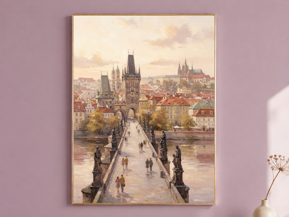Prague Charles Bridge Painting Print, Pastel Prague Wall Art, Czech Republic City Art, Printable Digital Download