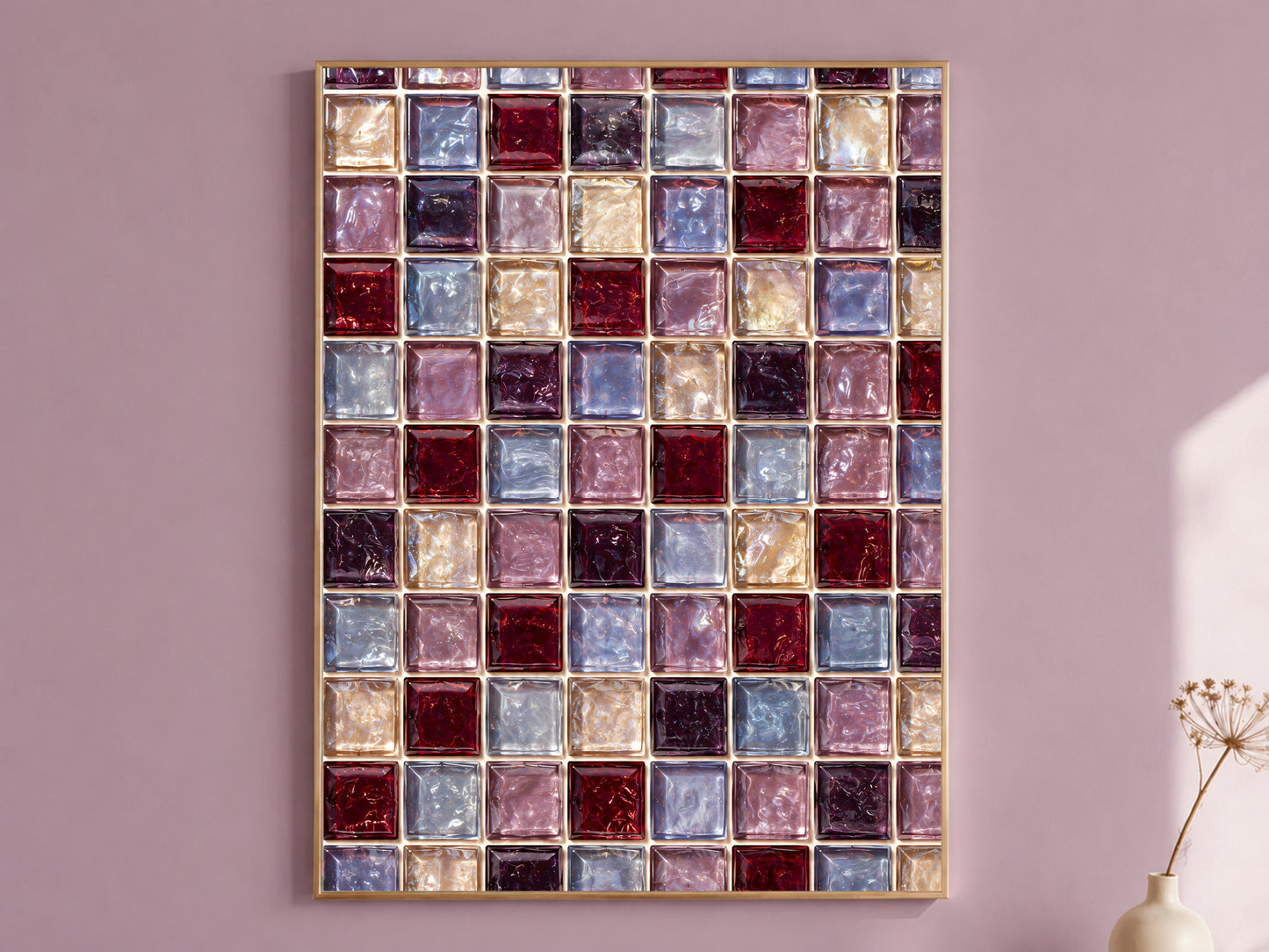 Berry jewel tone mosaic art print in a thin gold frame on a mauve wall, burgundy plum and lavender glass tile pattern, styled with a small vase of dried flowers