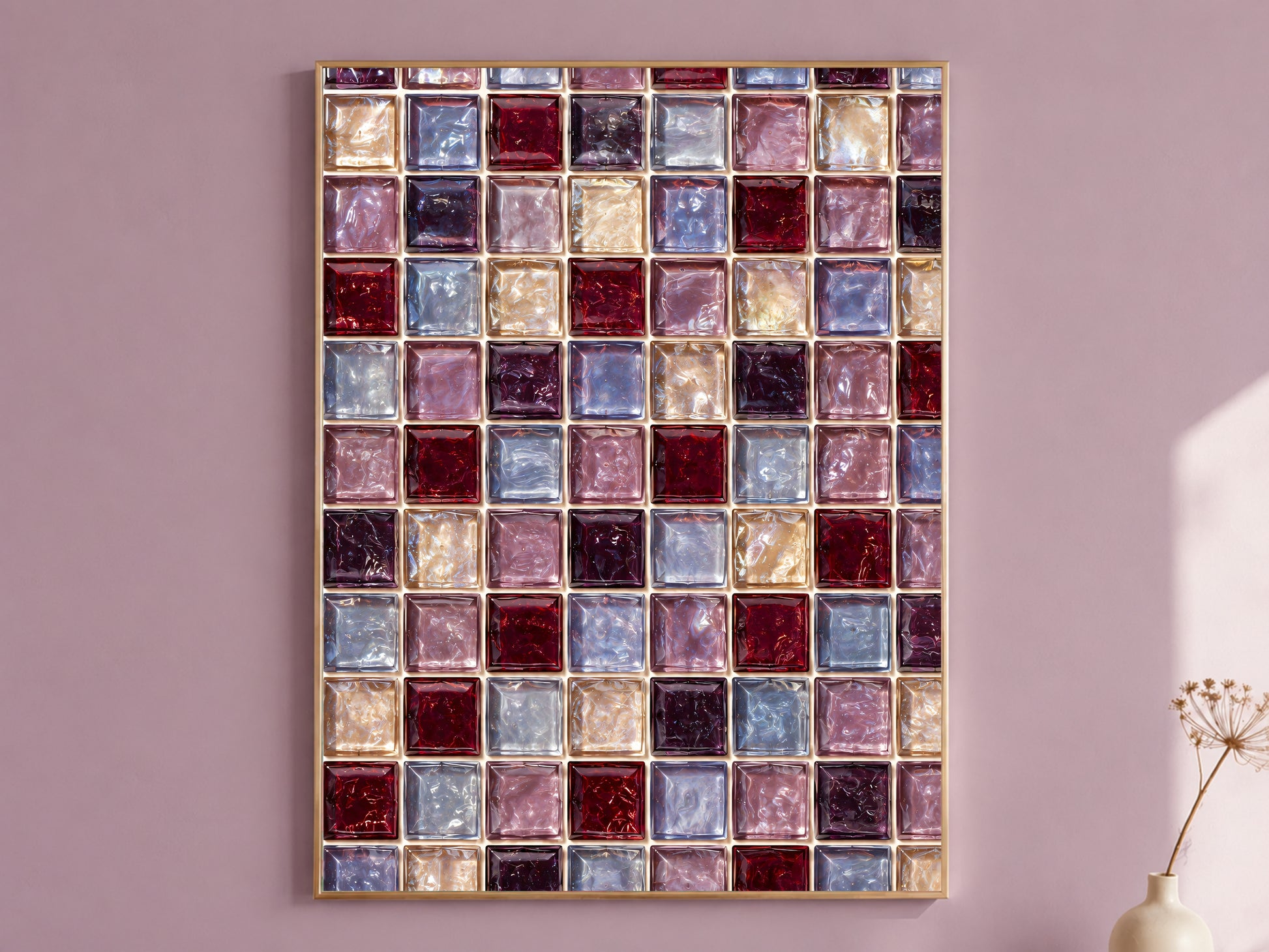 Berry jewel tone mosaic art print in a thin gold frame on a mauve wall, burgundy plum and lavender glass tile pattern, styled with a small vase of dried flowers