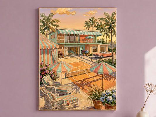 Retro Palm Springs Tennis Wall Art, Pastel Mid-Century Pool House Print - Digital Download