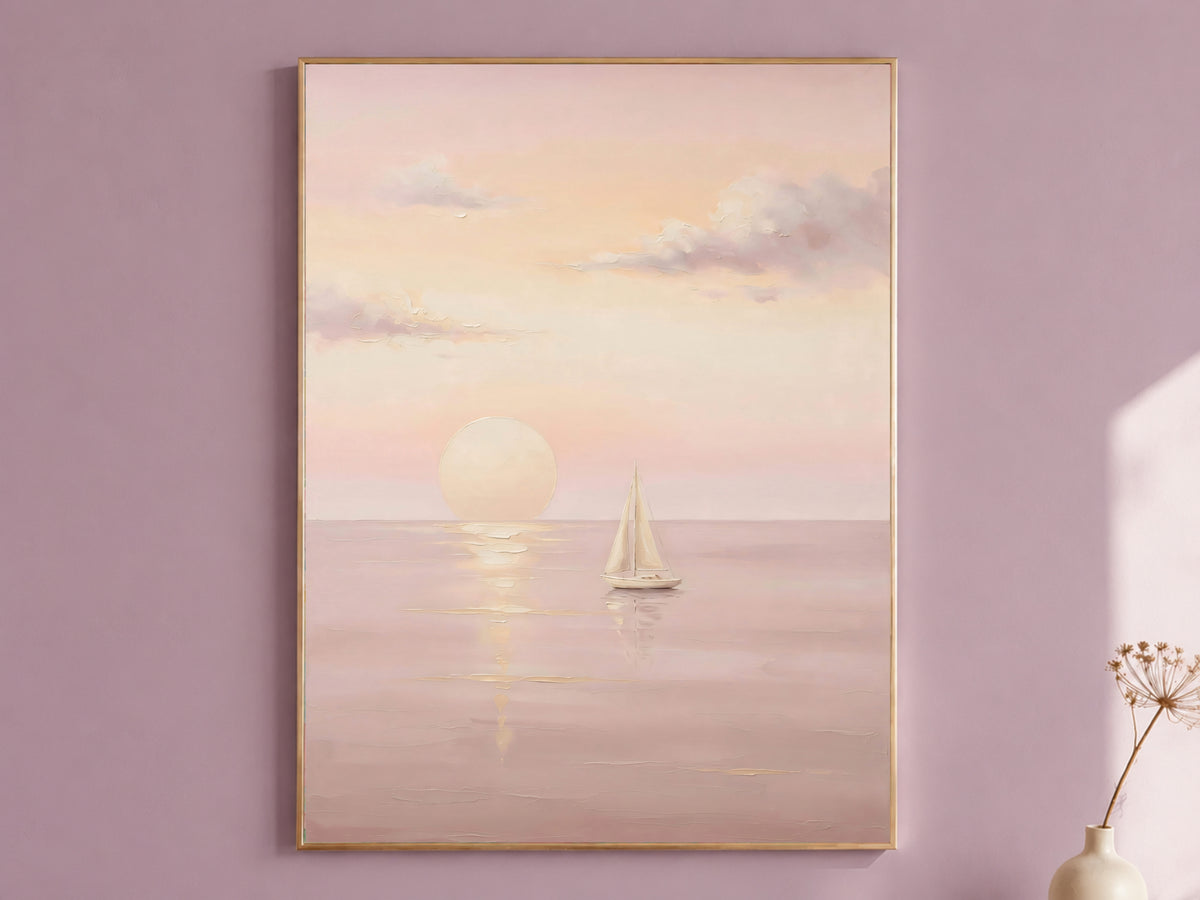 Pink Sailboat Sunset Wall Art, Pastel Seascape Painting, Blush Coastal Decor, Printable Digital Download