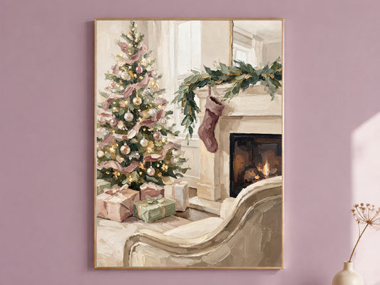 Pink Christmas Tree Painting Print, Cozy Fireplace Holiday Art, Pastel Christmas Wall Decor, Printable Digital Download