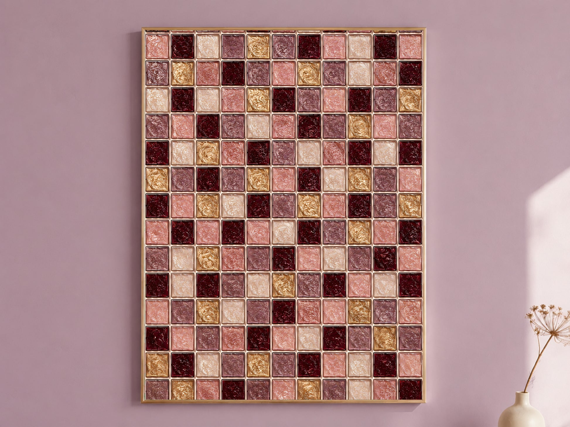 Framed burgundy, gold, and blush mosaic tile pattern wall art print hanging on a mauve wall
