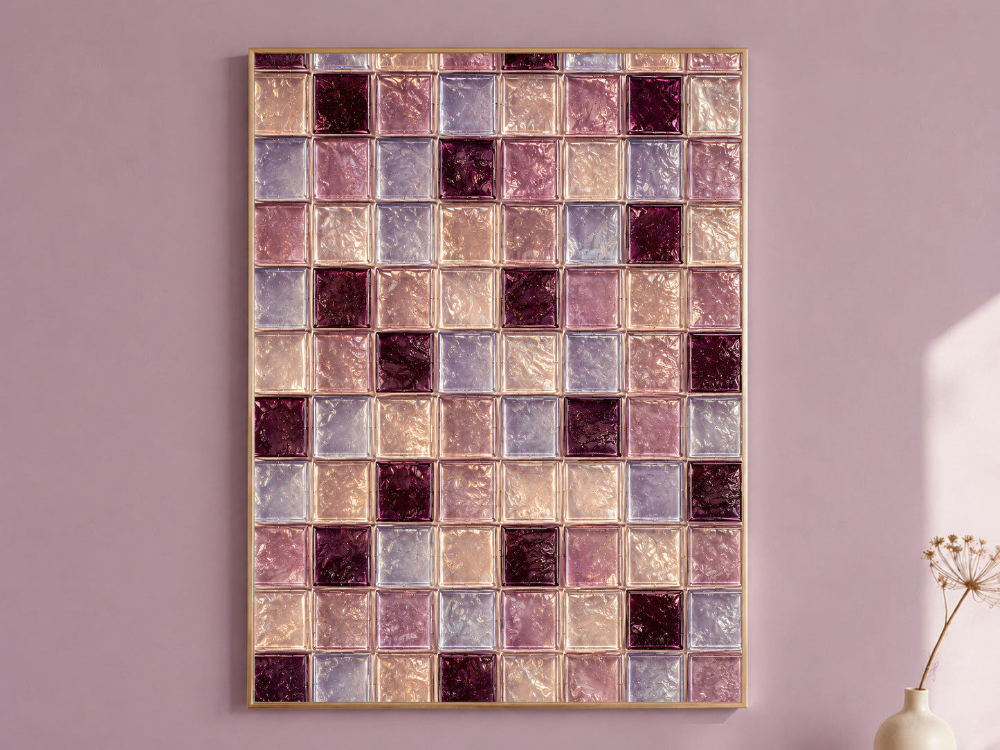 Plum, mauve, and lavender glass tile wall art in a gold frame on a mauve wall