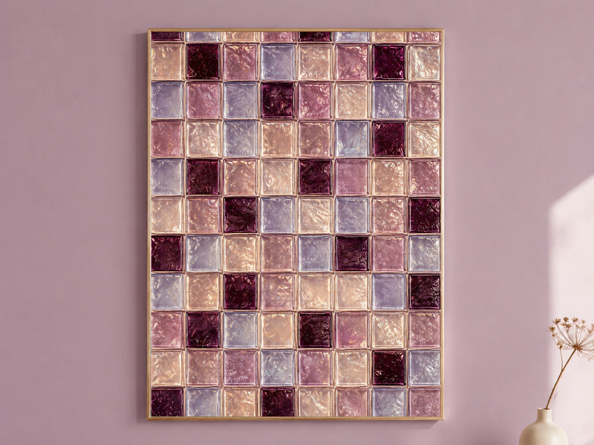 Plum, mauve, and lavender glass tile wall art in a gold frame on a mauve wall
