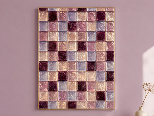 Plum, mauve, and lavender glass tile wall art in a gold frame on a mauve wall