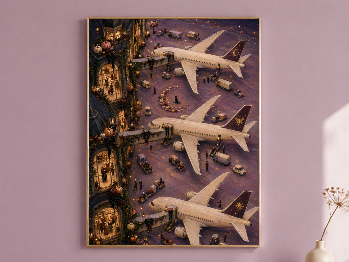 Framed gothic Halloween airport painting on mauve wall, planes with pumpkins