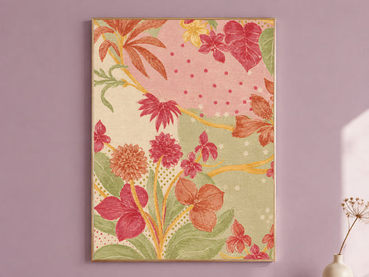 Pink and Green Block Print Style Floral Art, Vintage Linen Textile Flower Print, Grandmillennial Botanical Wall Art, Printable Download