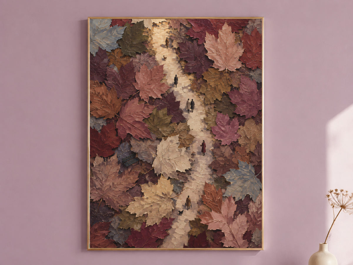 Aerial autumn walk wall art print in gold frame on mauve wall, surreal maple leaf path painting