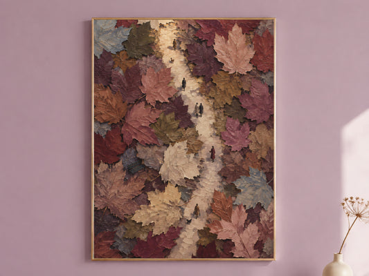 Aerial autumn walk wall art print in gold frame on mauve wall, surreal maple leaf path painting