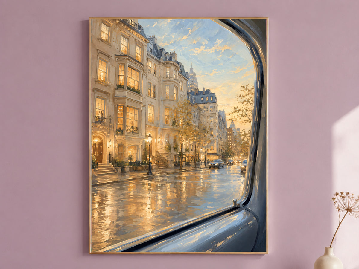 NYC Brownstone Street Print, Rainy City Wall Art - Digital Download