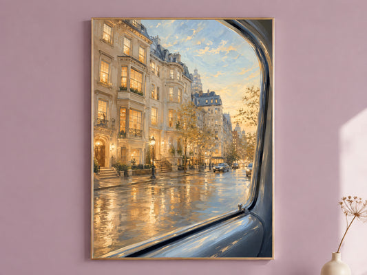 NYC Brownstone Street Print, Rainy City Wall Art - Digital Download