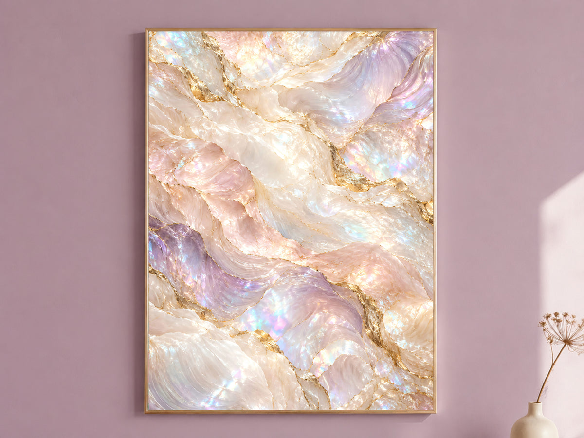 Iridescent Marble Wall Art, Holographic Pearl Print, Gold Vein Stone Texture, Pastel Rainbow Abstract, Luxe Bedroom Decor, Instant Download