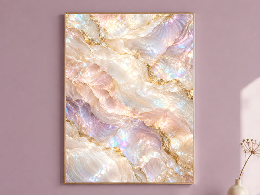 Iridescent Marble Wall Art, Holographic Pearl Print, Gold Vein Stone Texture, Pastel Rainbow Abstract, Luxe Bedroom Decor, Instant Download