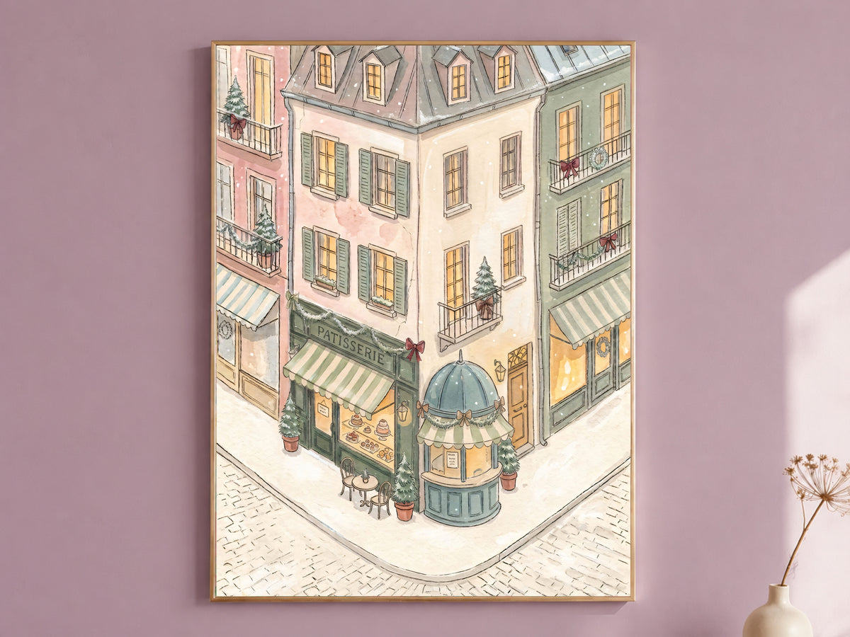 Sage Green Christmas Print, Pastel Patisserie Watercolor, Snowy Parisian Cafe Corner, Holiday Digital Download