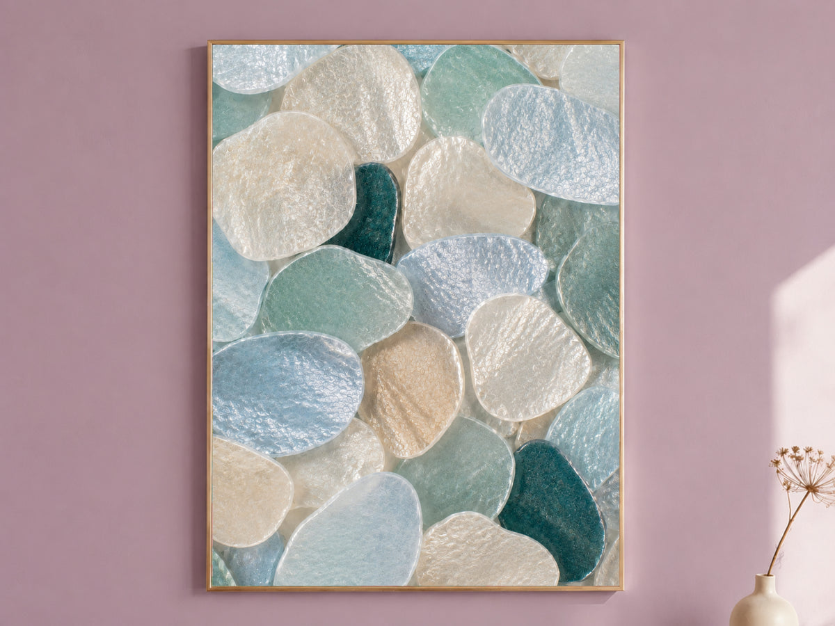 Teal Sea Glass Capiz Shell Wall Art, Deep Blue Ombre Print - Digital Download