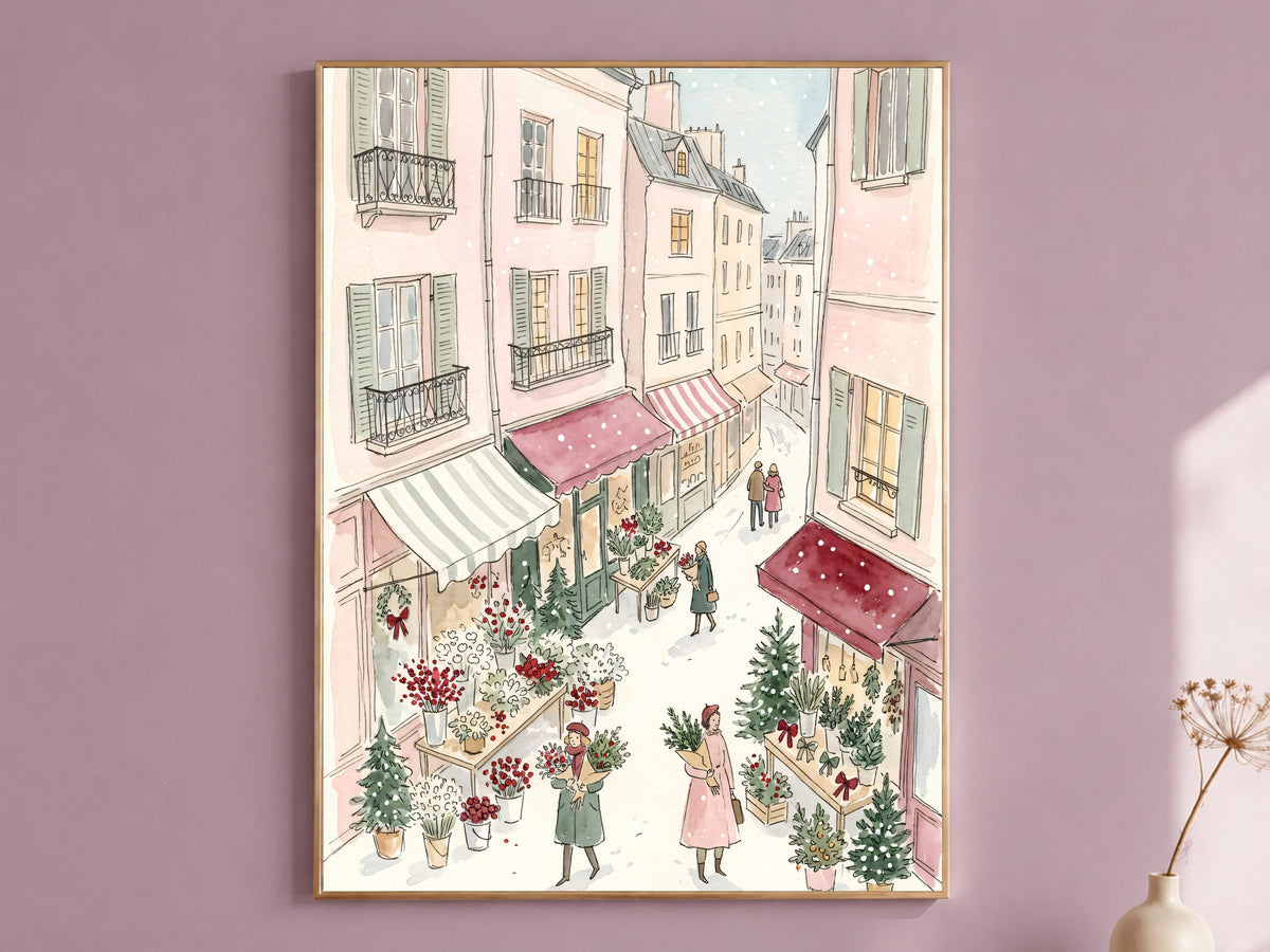 Christmas Flower Market Print, Snowy Paris Street Watercolor, Pastel Pink Holiday Art, Digital Download