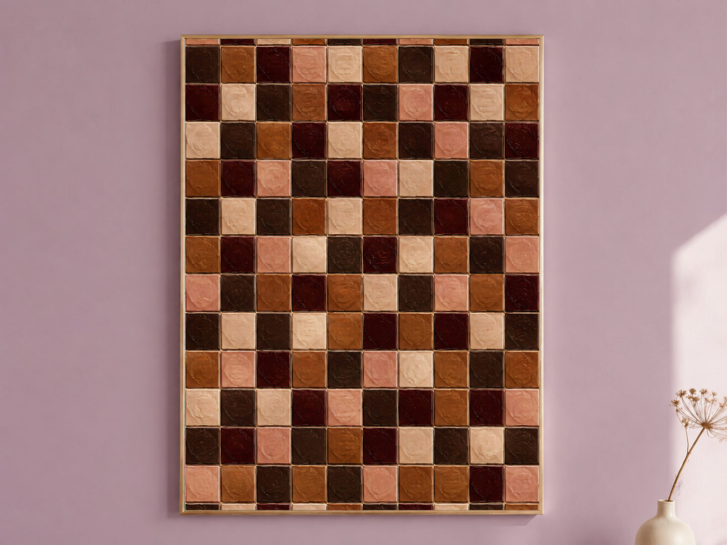 Terracotta and chocolate glass tile wall art in a gold frame on a mauve wall