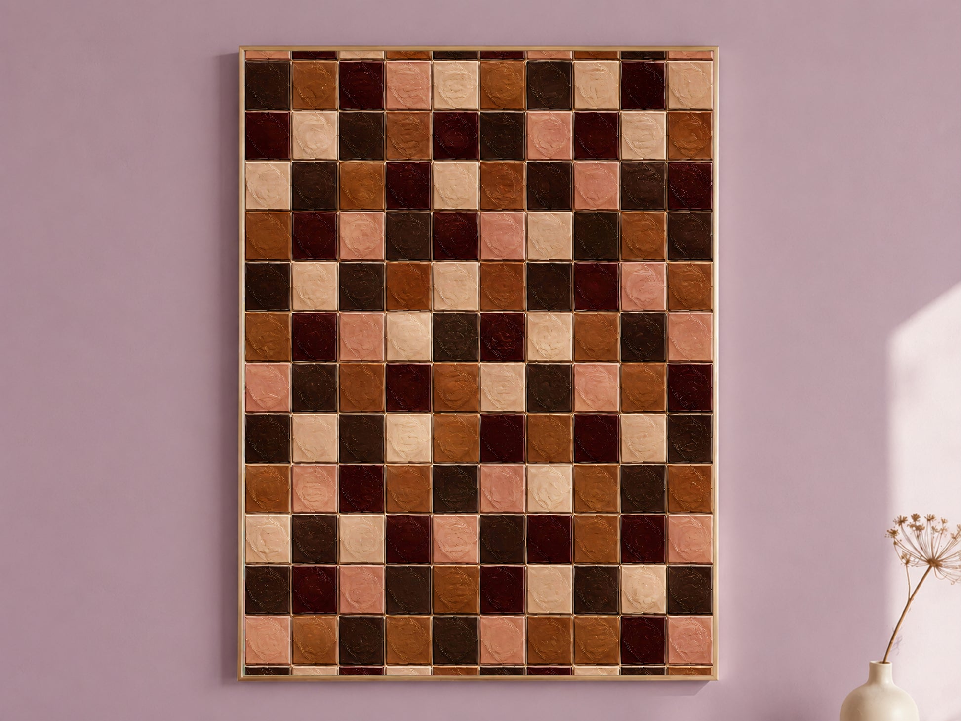 Terracotta and chocolate glass tile wall art in a gold frame on a mauve wall