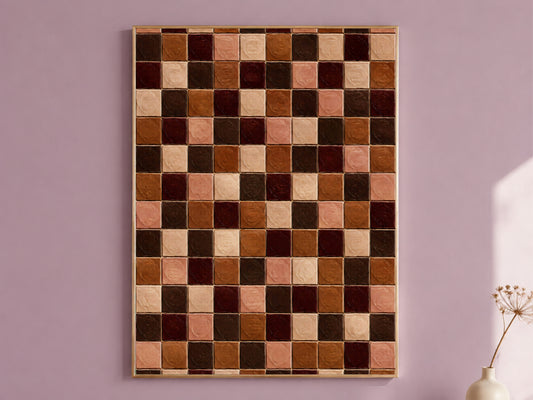 Terracotta and chocolate glass tile wall art in a gold frame on a mauve wall