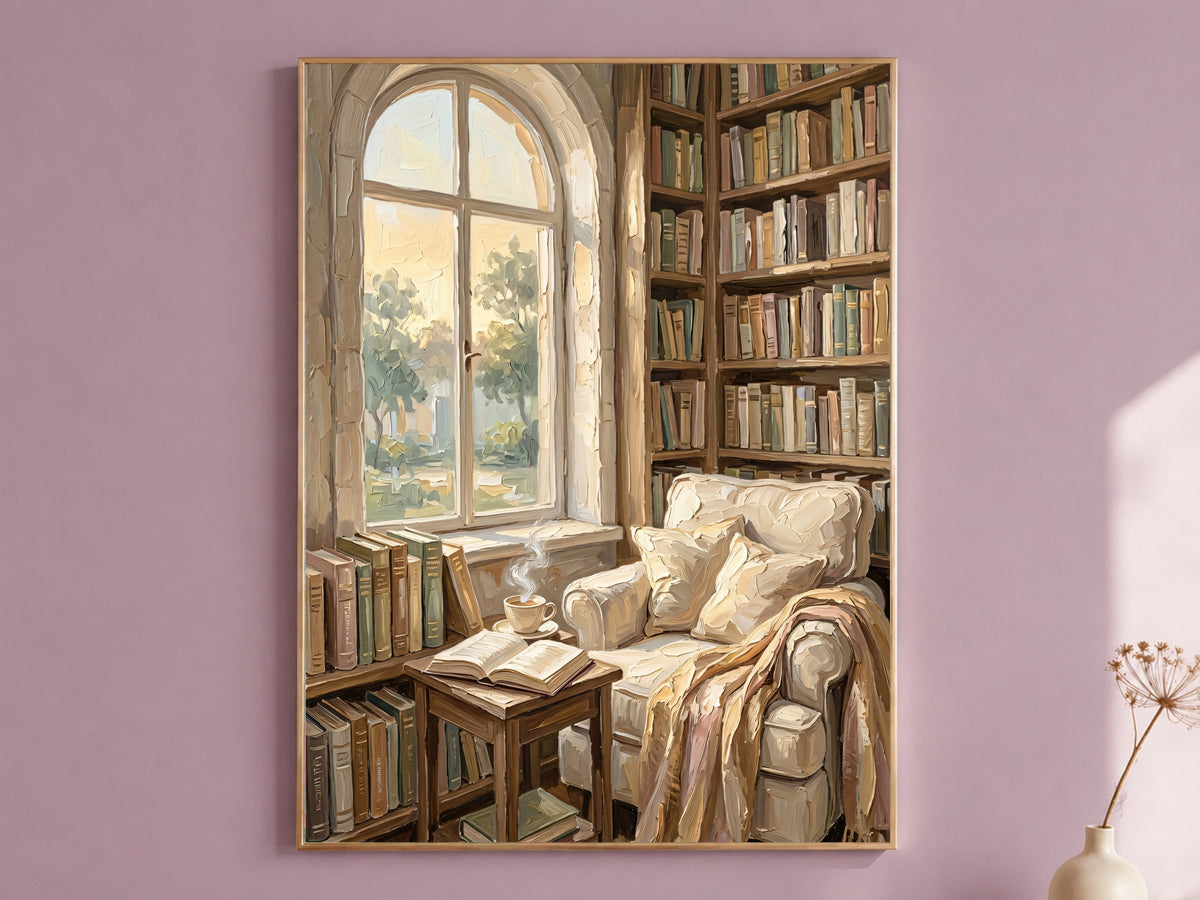 Cozy Library Nook Print, Reading Nook Wall Art - Digital Download