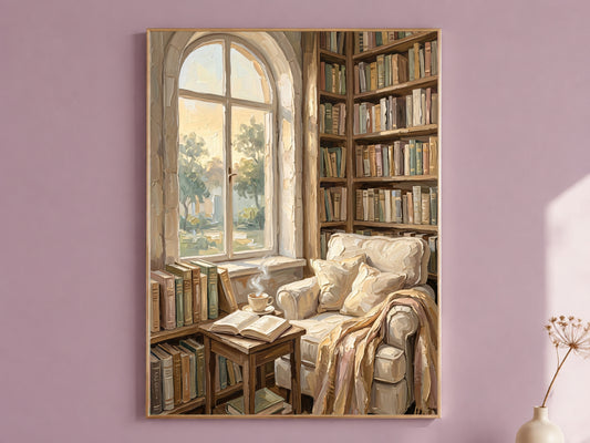 Cozy Library Nook Print, Reading Nook Wall Art - Digital Download