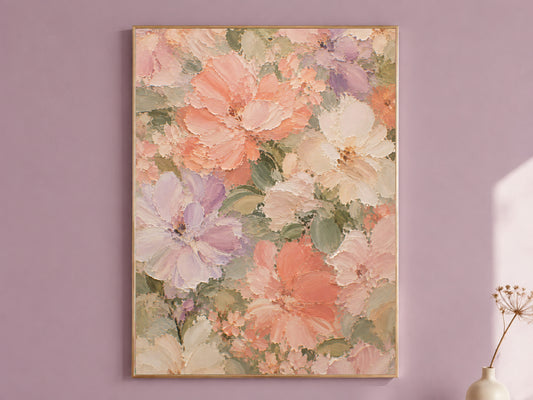 Framed pastel pink, coral, and lavender textured floral painting print hanging on a mauve wall