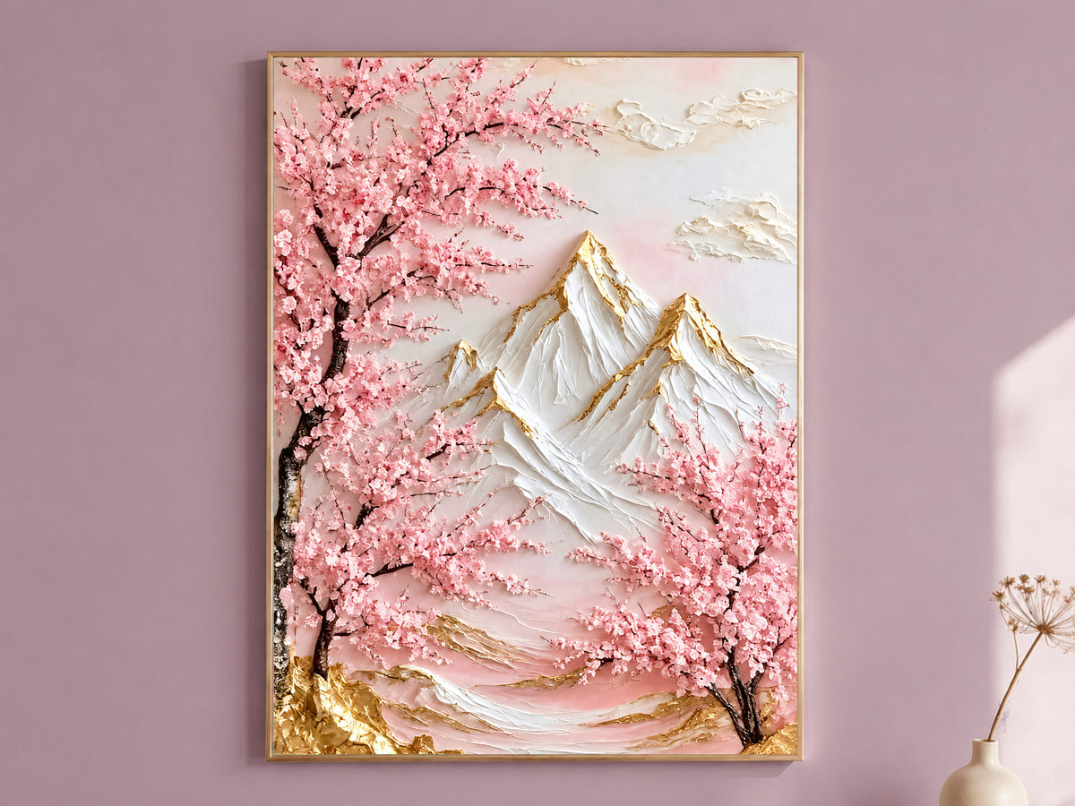 Cherry blossom mountain wall art print in a thin gold frame on a mauve wall, pink sakura tree with gold-veined snow mountain, digital download