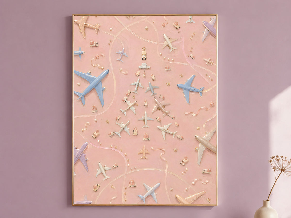 Pastel pink airplane Christmas tree wall art print framed in gold on a mauve wall, digital download