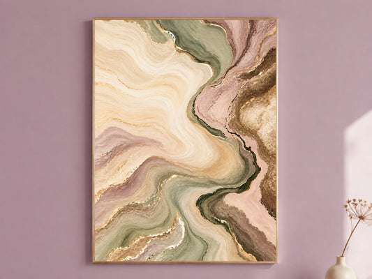 Sage Green and Blush Abstract Wall Art, Marble Swirl Painting Print with Gold Veins, Printable Pastel Neutral Decor, Digital Download