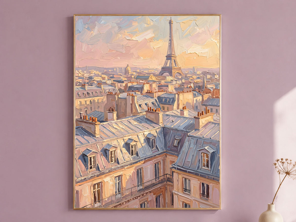 Paris Wall Art, Impasto Oil Painting Print, Eiffel Tower Sunset Rooftops - Digital Download