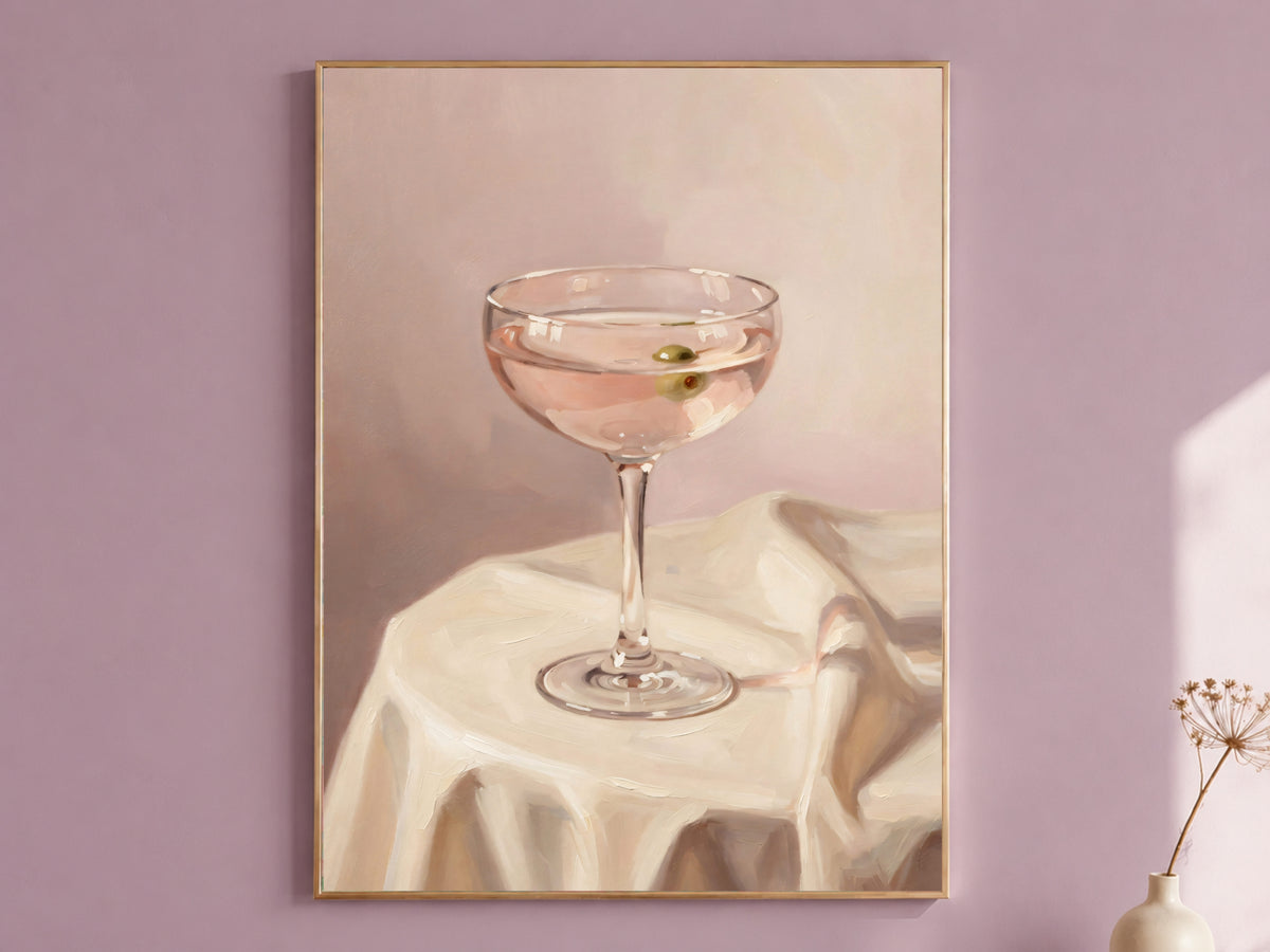 Pink Martini Painting Print, Olive Cocktail Still Life, Blush Bar Cart Wall Art, Printable Digital Download