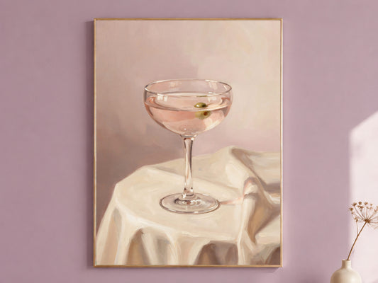 Pink Martini Painting Print, Olive Cocktail Still Life, Blush Bar Cart Wall Art, Printable Digital Download