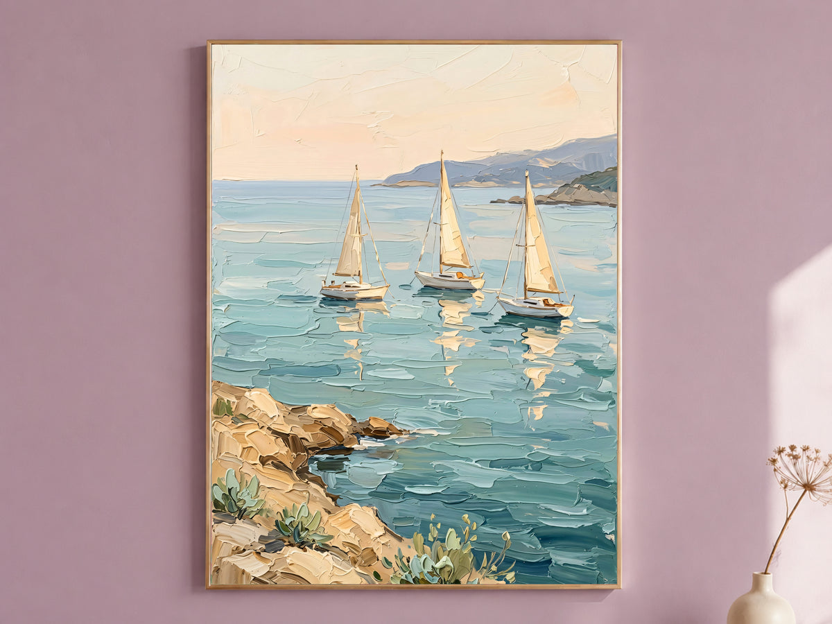 Sailboat Painting Print, Mediterranean Coastal Wall Art, Turquoise Sea and Rocky Shore, Impasto Oil Style Printable, Digital Download
