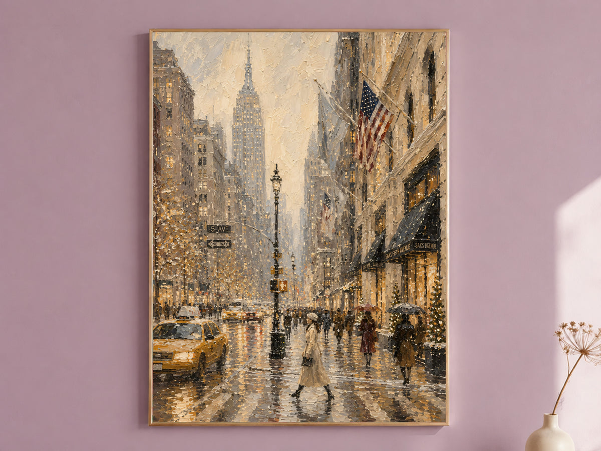 5th Avenue rainy day NYC oil painting print in thin gold frame on mauve pink wall, gallery wall art mockup