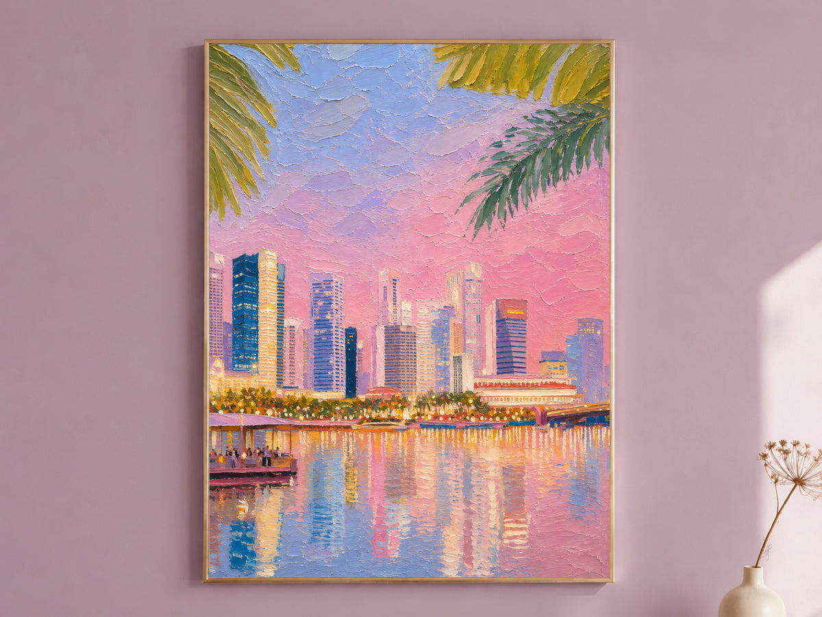 Tropical city skyline wall art with palm leaves and pink sunset in a mauve living room