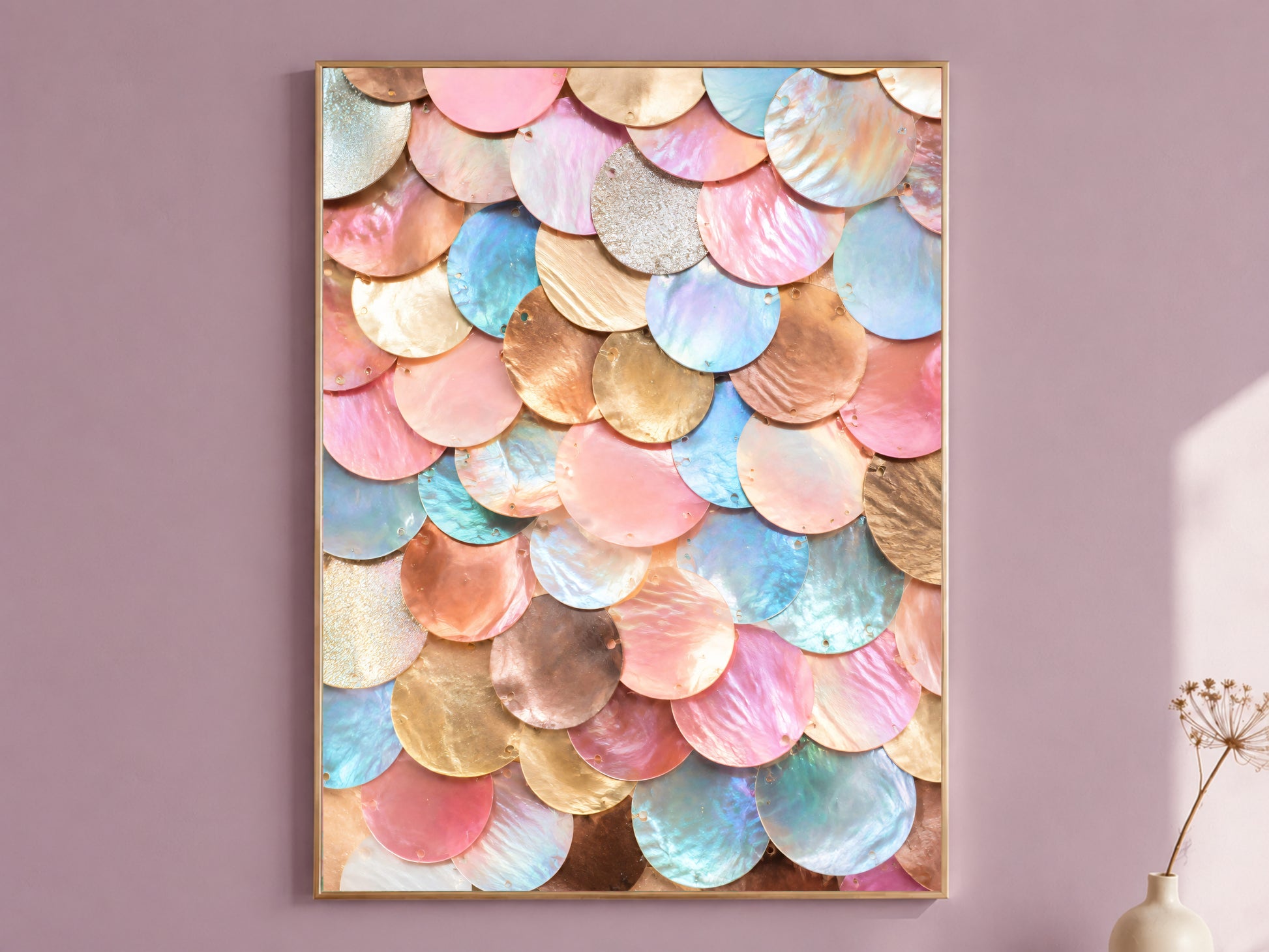 Framed jewel tone mermaid scale wall art in rose gold and blush pink, styled on a dusty mauve wall