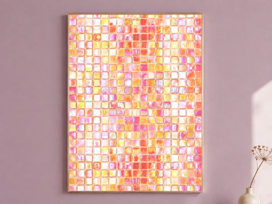 Pink and Orange Abstract Wall Art, Glossy Tile Grid Print, Colorful Mosaic Painting, Dopamine Decor, Printable Digital Download
