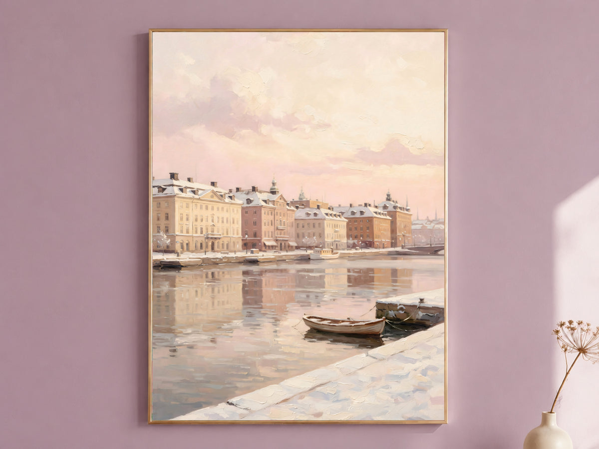 Snowy Winter City Painting Print, Pastel European Waterfront Art, Soft Pink Winter Wall Art, Printable Digital Download