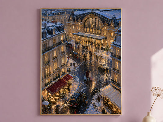 Framed Paris winter street painting on mauve wall, snowy Parisian scene