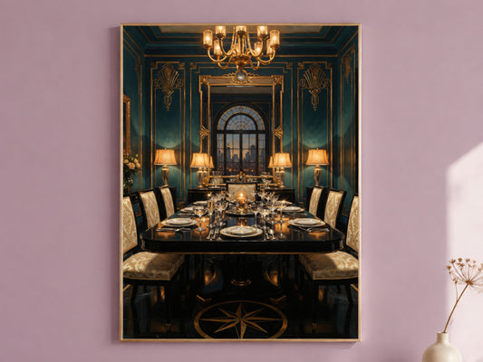 Art Deco Dining Room Wall Art, Teal Gold 1920s Interior Oil Painting - Digital Download