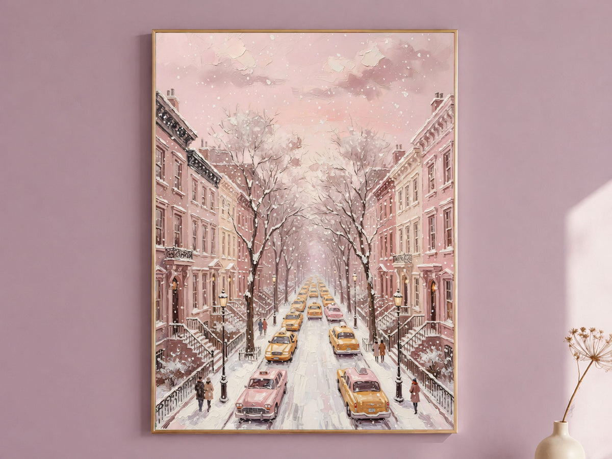 Pink NYC Taxi Wall Art, Snowy New York Street Print - Digital Download
