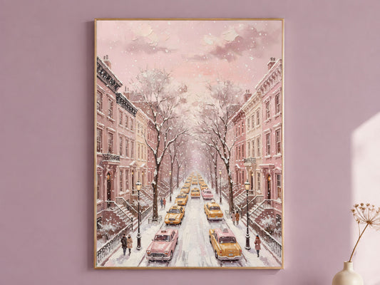Pink NYC Taxi Wall Art, Snowy New York Street Print - Digital Download