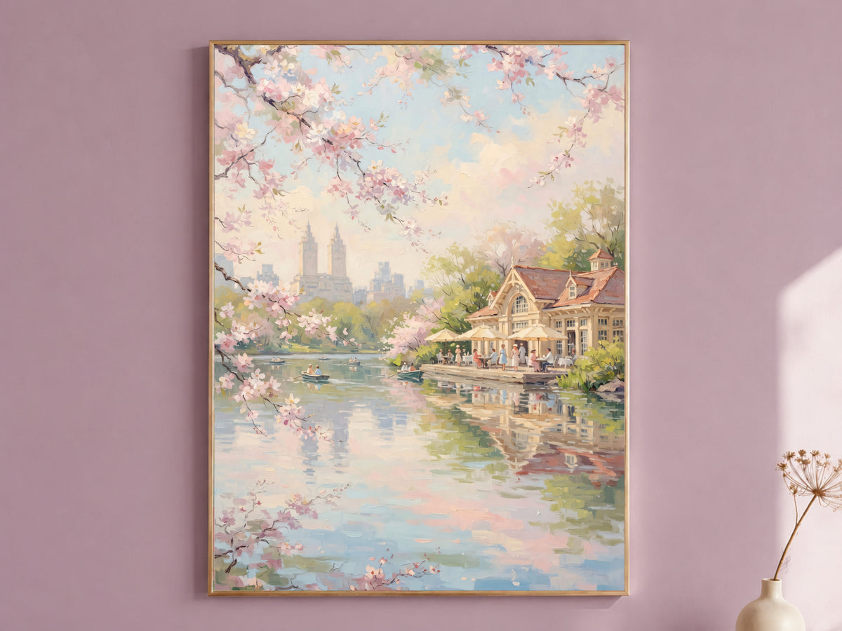 Central Park Cherry Blossom Wall Art, Boathouse Oil Painting Print - Digital Download